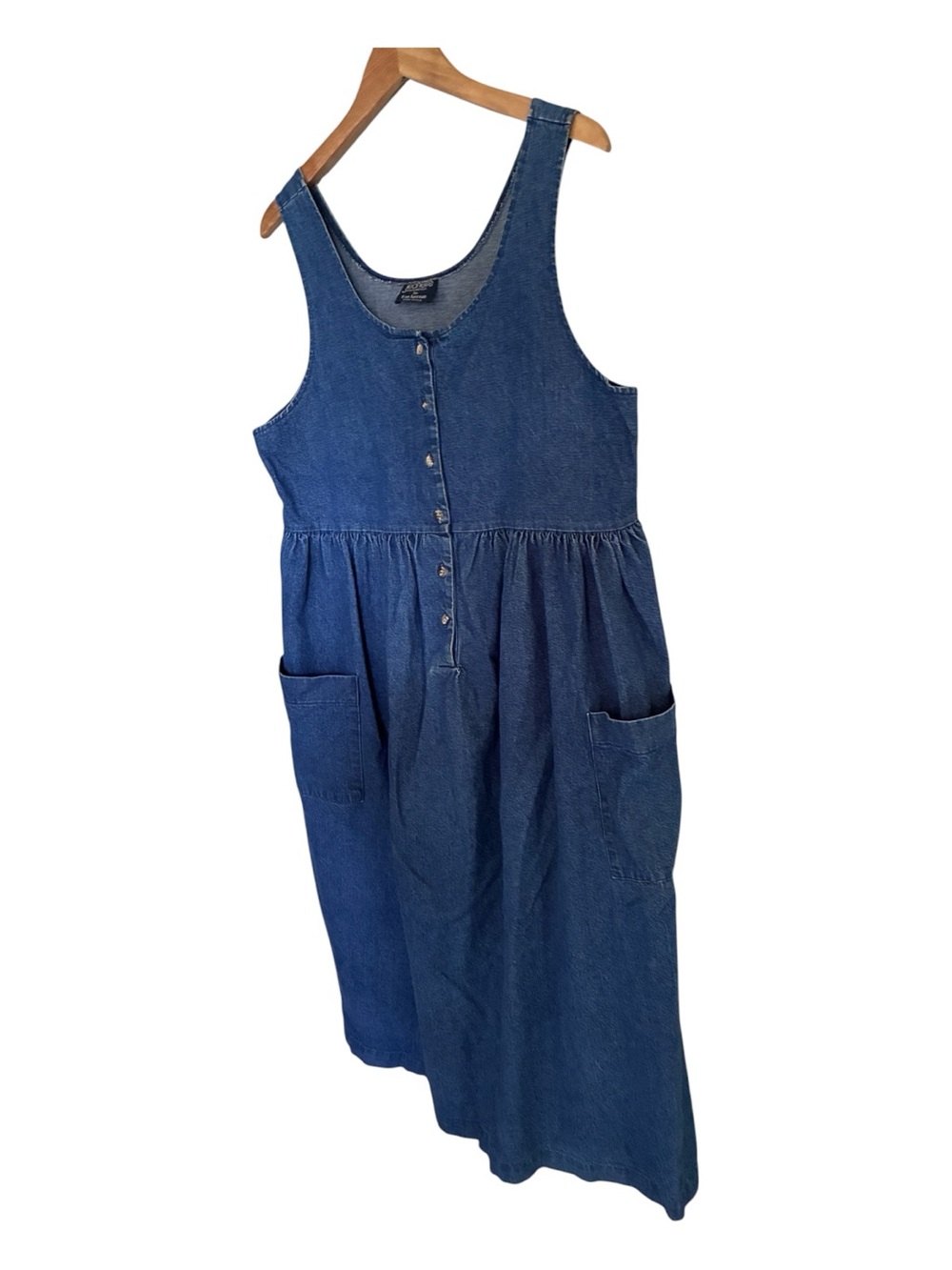 VTG 90s Maternity Blue Denim Prairie Chic Pinafore Chore Overall Dress Sz 12 Lg - Picture 5 of 8